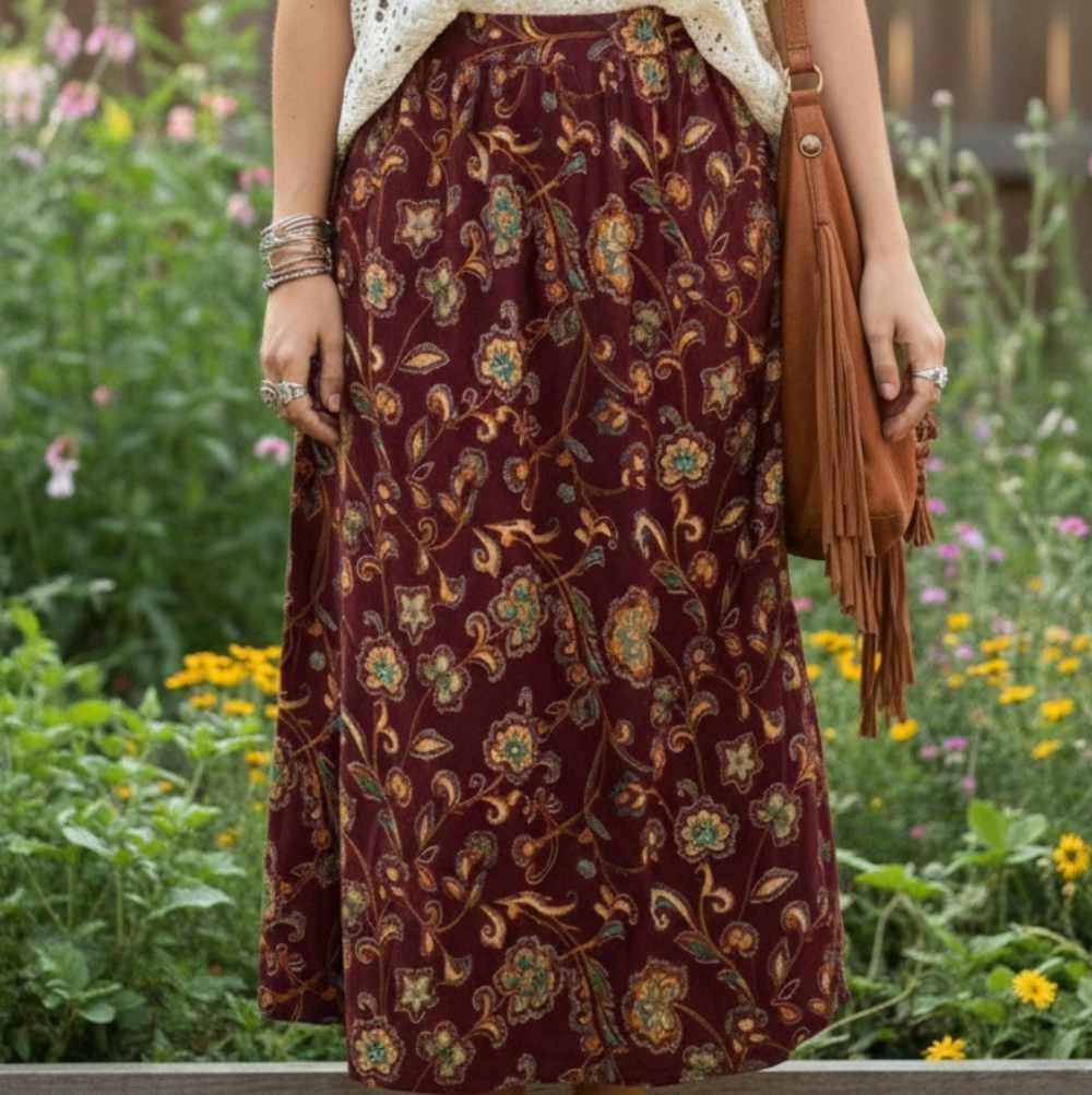 Vintage Sag Harbor Paisley Maxi Skirt — Earthy Boho Chic — Modern Folk Style